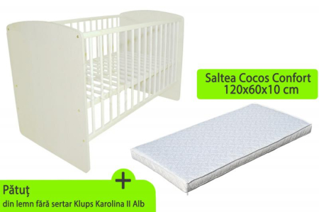 Patut din lemn - Patut KLUPS Karolina II Alb + Saltea 10 MyKids Confort II