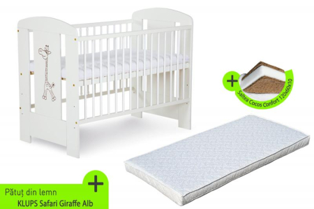 Patut din lemn - Patut KLUPS Safari Giraffe Alb + Saltea 10 Mykids Confort II