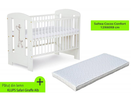 Patut din lemn - Patut KLUPS Safari Giraffe Alb + Saltea 8 Cocos Confort II