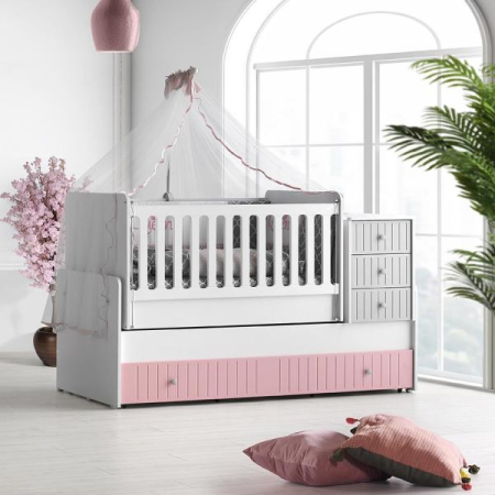Patut din lemn - Patut transformabil MyKids Sofia Alb Roz 180x80