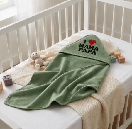 Prosop de baie - Prosop cu glugă pentru bebeluși din bumbac - confort delicat și absorbție excelentă, Imi iubesc parintii, verde