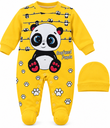 Costumase toamna-iarna - Salopetă bebe din bumbac cu imprimeu panda și botoșei, Galben