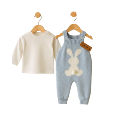 Salopete - Salopeta tricotata si bluzita, Iepuras, Albastru