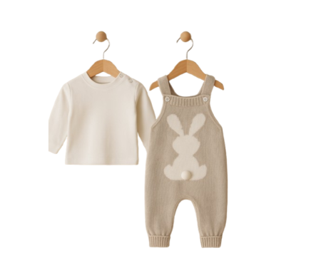 Salopete - Salopeta tricotata si bluzita, Iepuras, Bej