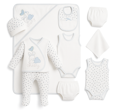 Costumase vara-primavara - Set 10 piese haine Bebelusi, 100% Bumbac antialergic, 0-4 luni, Albastru