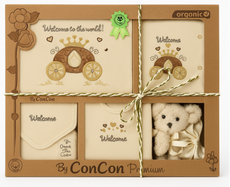 Set nou nascut - Set 10 piese, Nou născut Con con 0-3 Luni, Cu Cadou Jucărie, Bumbac organic
