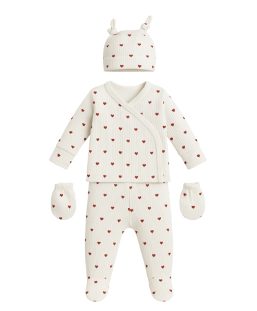 Costumase - Set 5 piese nou nascut, Bumbac pieptanat, Inimioare