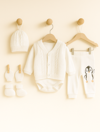 Costumase - Set 6 piese, costumas bebe cu Vestuta si botosei, Alb