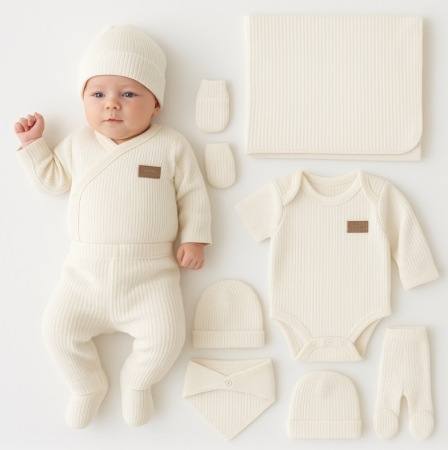 Set nou nascut - Set 7 piese, trusou, Bumbac pieptanat, Alb