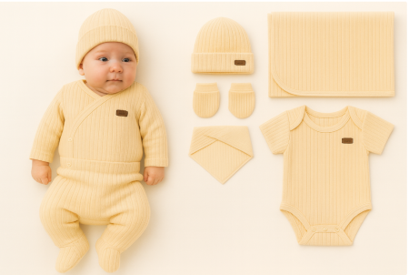 Set nou nascut - Set 7 piese, trusou, Bumbac pieptanat, Bej