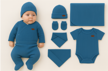 Set nou nascut - Set 7 piese, trusou, Bumbac pieptanat, Albastru