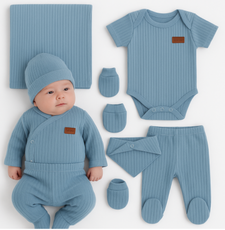 Haine bebe baietei - Set 7 piese, trusou, Bumbac pieptanat, Albastru