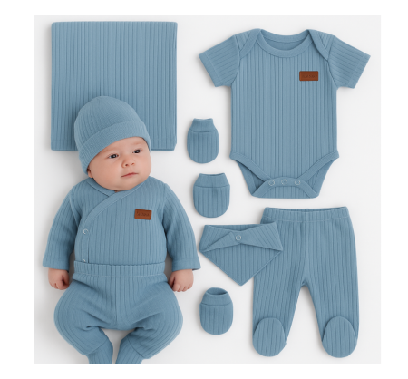 Costumase - Set 7 piese, trusou, Bumbac pieptanat, Albastru deschis