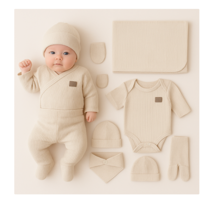 Set nou nascut - Set 7 piese, trusou, Bumbac pieptanat, Bej