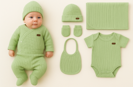 Set nou nascut - Set 7 piese, trusou, Bumbac pieptanat, Verde