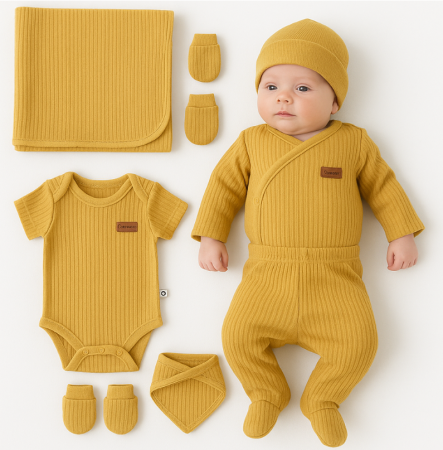 Haine bebe baietei - Set 7 piese, trusou, Bumbac pieptanat, Mustar