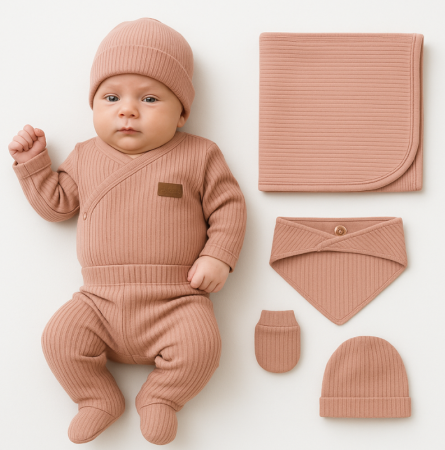 Haine bebe fetite - Set 7 piese, trusou, Bumbac pieptanat, Roz Pudra