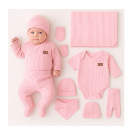 Haine bebe fetite - Set 7 piese, trusou, Bumbac pieptanat, Roz Pudra