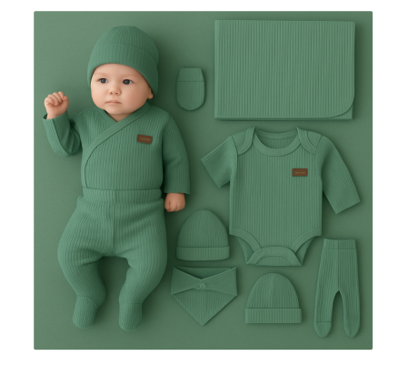 Haine bebe baietei - Set 7 piese, trusou, Bumbac pieptanat, Verde crud