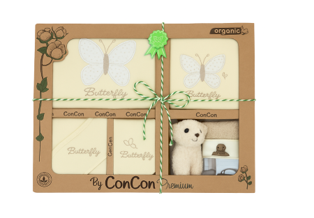 Trusou botez - Set cadou 10 piese pentru nou nascuti, Bumbac Organic, Fluturas