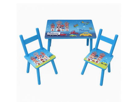 Noutati - Set masuta cu 2 scaunele, Din lemn, Ilustrate animate, Albastra