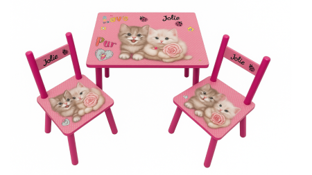 Noutati - Set masuta cu 2 scaunele, Din lemn, Ilustrate animate, Roz