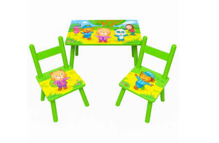 Birou copii - Set masuta cu 2 scaunele, Din lemn, Ilustrate animate, Verde
