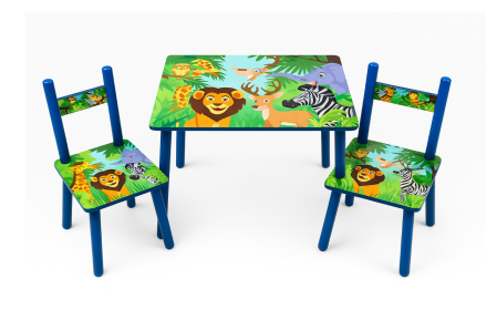 Noutati - Set masuta cu 2 scaunele, Din lemn, Ilustrate animate, Verde Intens