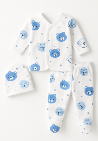 Haine bebe baietei - Set nou nascut, 3 piese, Alb cu albastru