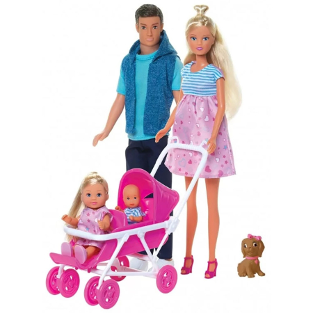 bubu-still.ro - Set Simba Steffi Love Welcom Surprise Family papusa Steffy 29 cm, papusa Kevin 29 cm, papusa Evi 12 cm si accesorii