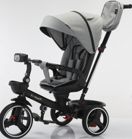 Triciclete - Tricicleta cu scaun reversibil, 6-36 luni, cu pozitie de somn, roata cauciuc, cu lumini si muzica, Gri