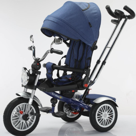 Triciclete - Tricicleta cu scaun reversibil, 6-36 luni, cu pozitie de somn, roata cauciuc, tip Motocicleta, Albastru