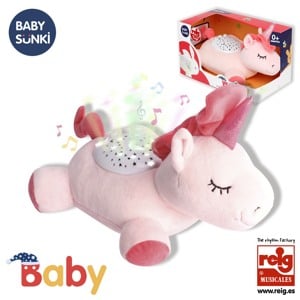 Jucării Bebe - Proiector Unicorn de Plus 25 cm cu cantece de leagan