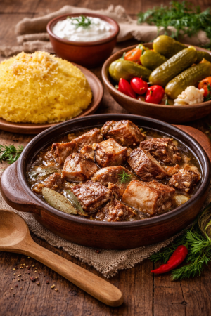 Preparate traditionale - Carne la garnita cu mamaliga si muraturi