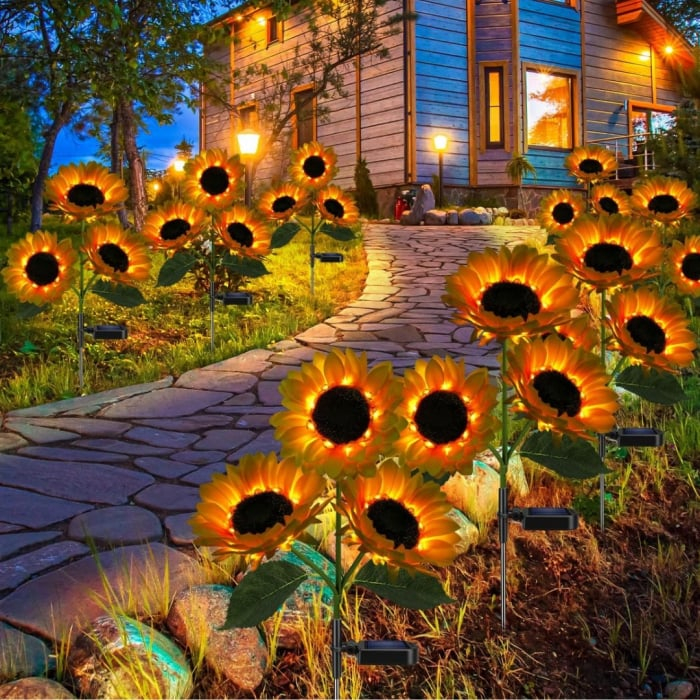Pachete Promotionale - Set 4x Lămpi Solare LED pentru Grădină tip Floarea Soarelui, 10 Micro-LED-uri pe Floare, Înălțime 70 cm, Rezistente la Intemperii, IP65