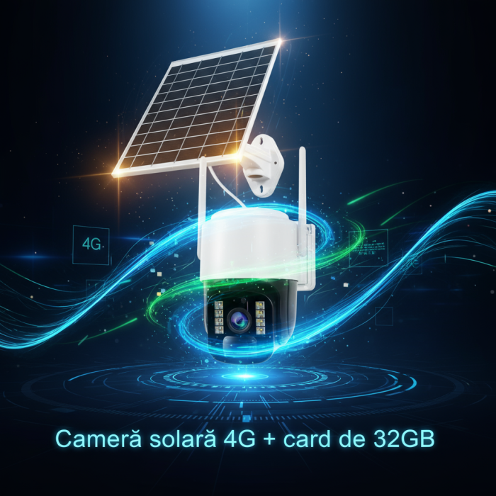 Cameră Supraveghere Solară+Card 32GB, 4G TS1, 3MP, PTZ 355°, Night Vision Color, Audio Bidirecțional, Alarmă, O-Kam Pro [10]