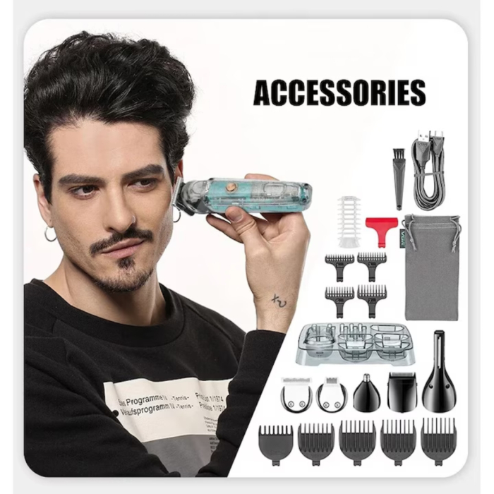 Mașină de Tuns Electrică Transparentă, 6 Capete Interschimbabile, Rezistentă la Apă IPX6, Lame Inox, Afisaj LED, Acumulator 1200 mAh, Încărcare USB-C [2]