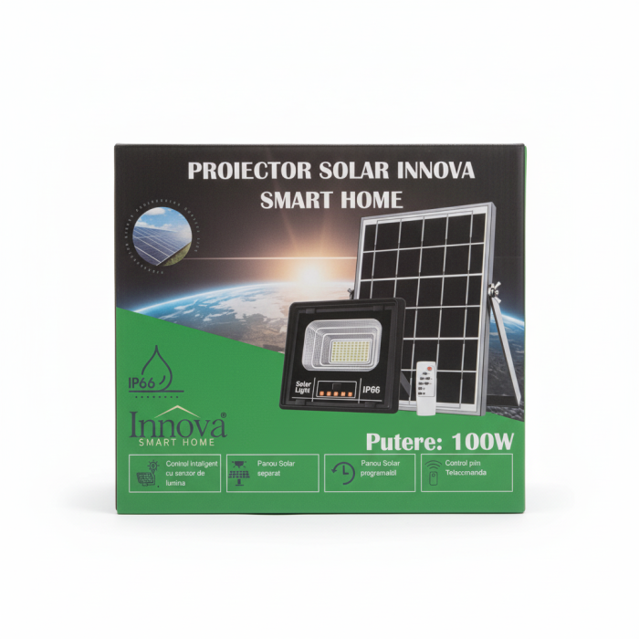 Proiector Solar Innova 100W , IP66 , Indicator Batarie , Telecomanda , 6500k , 3 Ani Garantie [2]