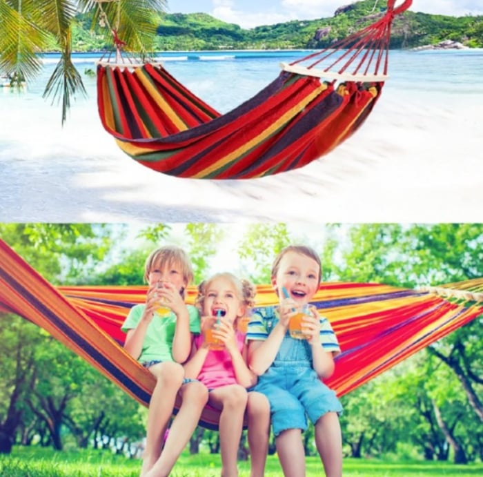 Set 2 Hamace cu Bară de Lemn, Bumbac 180×80 cm, Relaxare de Vara pentru 2 Persoane [5]