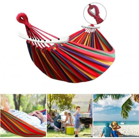 Set 2 Hamace Duble din Bumbac cu Bară de Lemn, 150x250 cm [6]