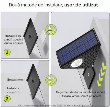 Set 2 Lampi Solare Decorative de Perete , Lumina in 3 Directii , Mullticolor , Alb rece , Alb Cald [7]