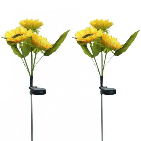 Set 2x Lămpi Solare LED pentru Grădină cu 3 Flori tip Floarea Soarelui, 10 Micro-LED-uri pe Floare, Înălțime 70 cm, Rezistente la Intemperii, IP65 [2]