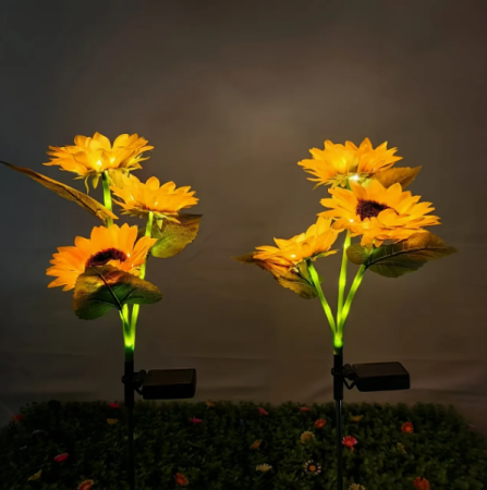 Set 2x Lămpi Solare LED pentru Grădină cu 3 Flori tip Floarea Soarelui, 10 Micro-LED-uri pe Floare, Înălțime 70 cm, Rezistente la Intemperii, IP65 [1]