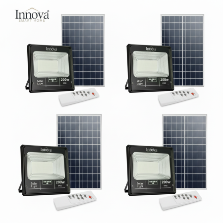 LAMPI SOLARE - Set 4 x Proiector LED INNOVA 200W Cu Panou Solar si telecomanda, IP66 + Cadou Surpriza