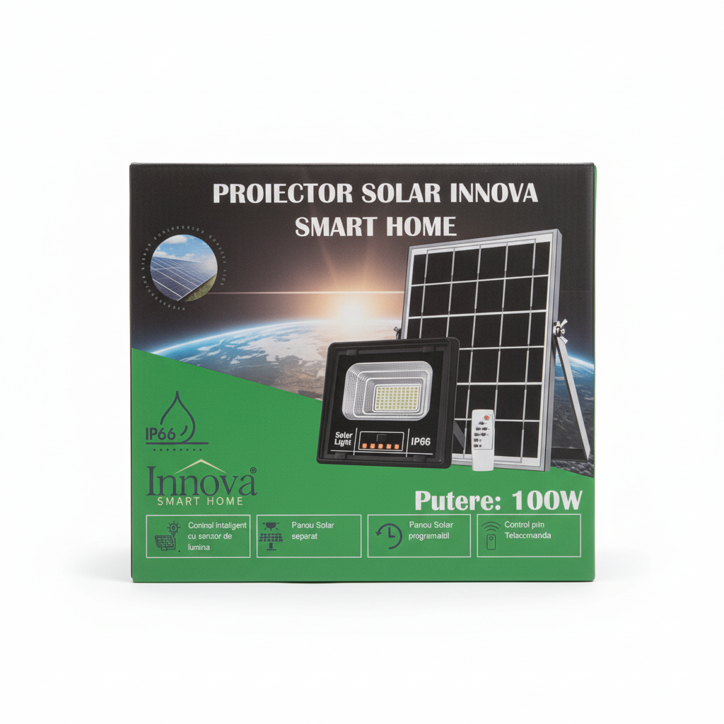 Set 2 X Proiector Solar Innova 100W , IP66 , Indicator Batarie , Telecomanda , 6500k , 3 Ani Garantie [2]
