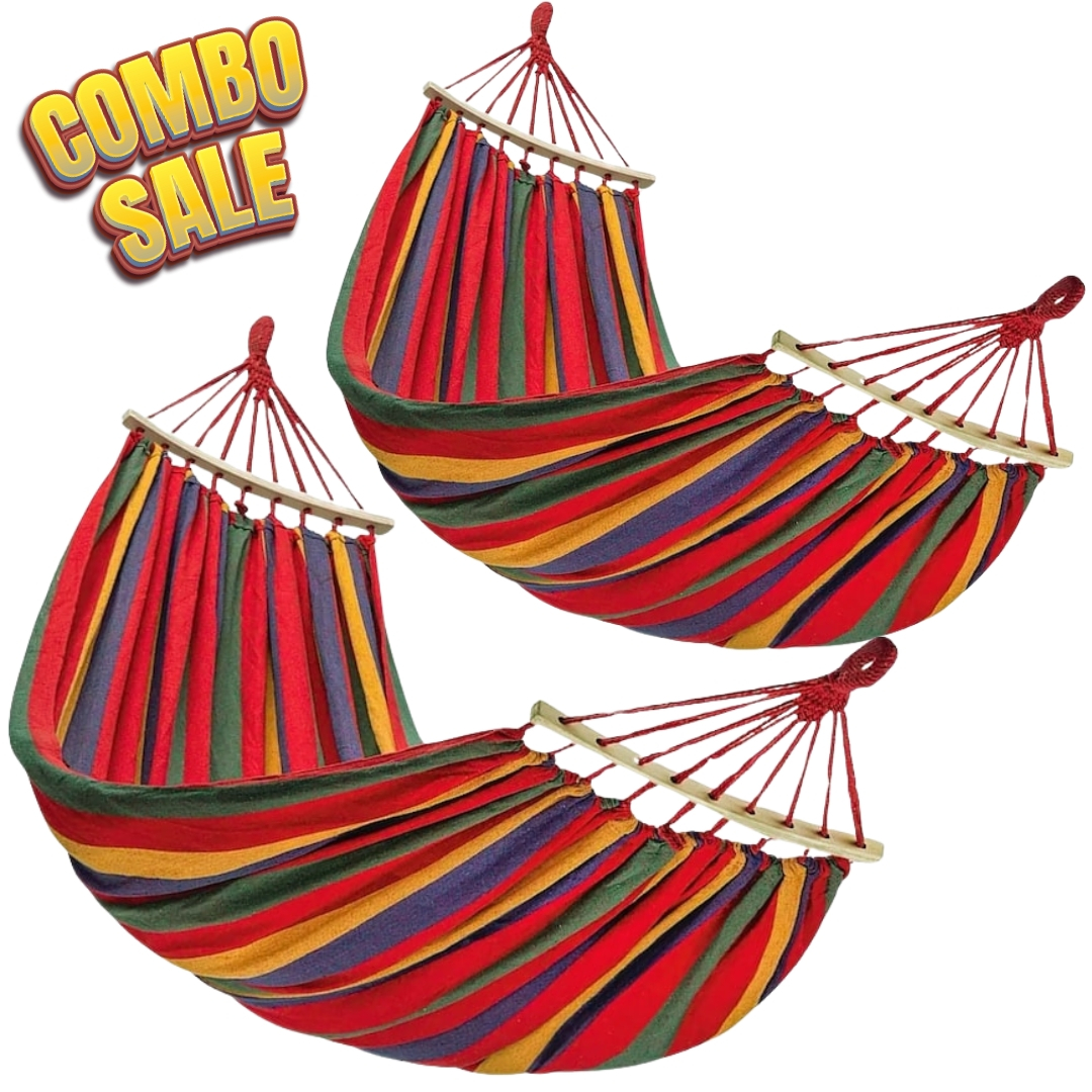 Pachete Promotionale - Set 2 Hamace Duble din Bumbac cu Bară de Lemn, 150x250 cm