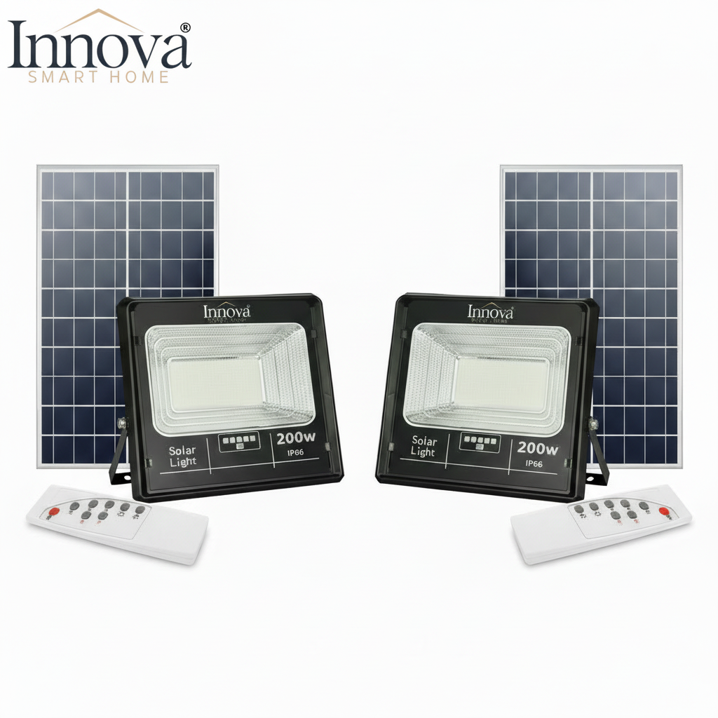 LAMPI SOLARE - Set 2 x Proiector LED INNOVA 200W Cu Panou Solar si telecomanda, IP66 + Cadou Surpriza