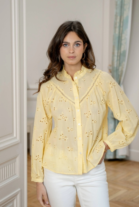 Cămașă damă galben pal cu broderie și mâneci bufante [3]