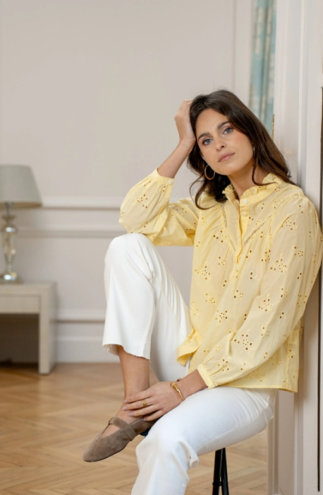 Cămașă damă galben pal cu broderie și mâneci bufante [4]