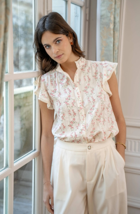 Cămașă damă cu imprimeu floral roz și volane la mâneci [2]